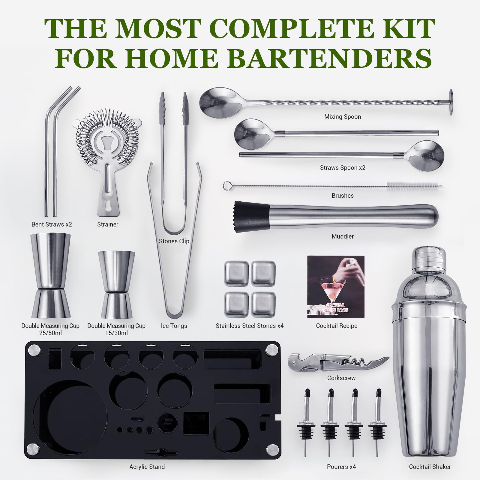 Cocktail Shaker Set, 23-Piece Stainless Steel Bartender Kit with Acrylic Stand & Cocktail Recipes Booklet, Professional Bar Tools for Drink Mixing, Home, Bar, Party (Include 4 Whiskey Stones) - Image 3