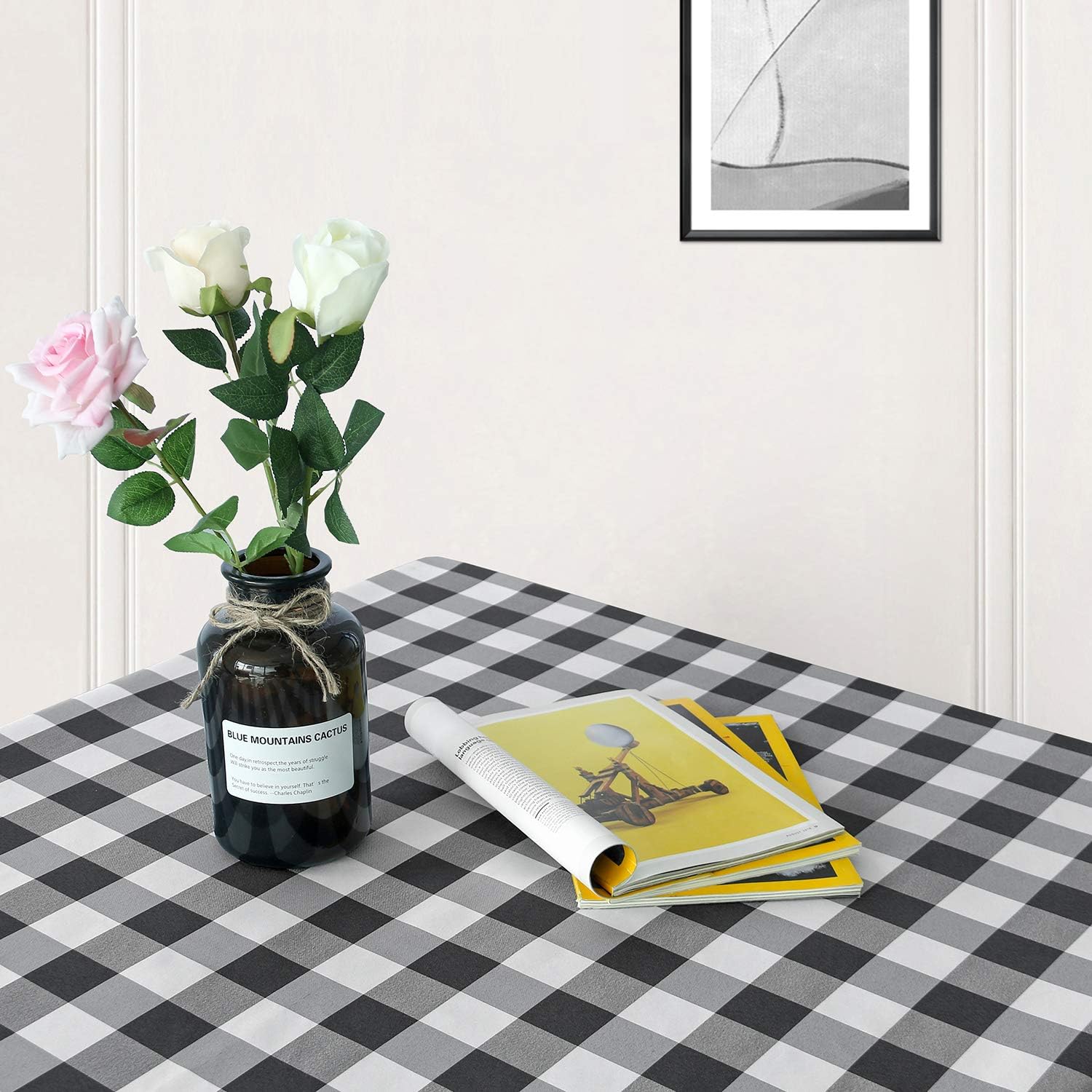 Hiasan 60 x 120 Inch Checkered Tablecloth Rectangle - Stain Resistant, Spillproof and Washable Gingham Table Cloth for Outdoor Picnic, Kitchen and Holiday Dinner, Black and White: Home & Kitchen