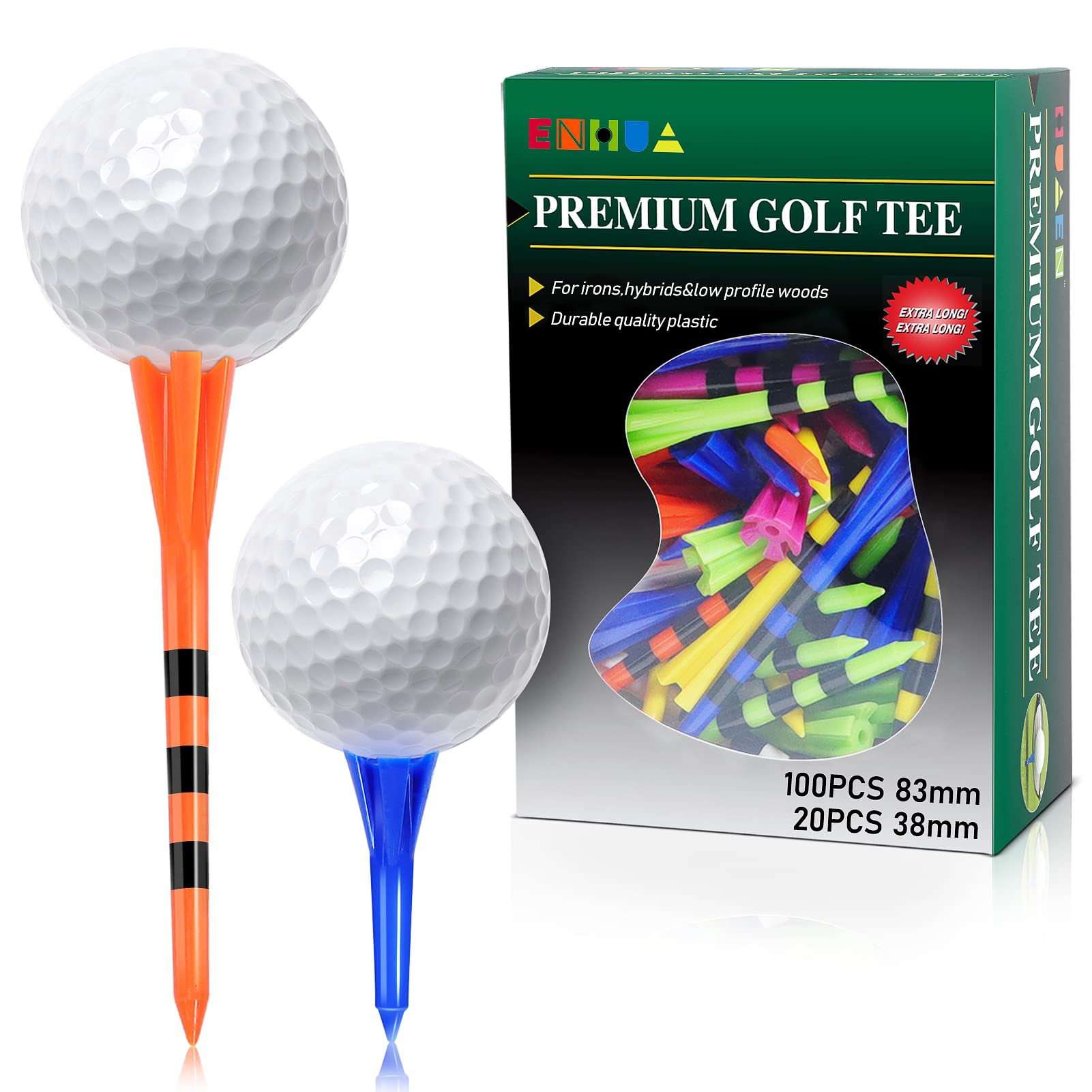 ENHUA GOLF Plastic Tees 120 Pack,3-1/4 INCH Unbreakable Long Blue Tees with 20 Short Golf Tee Bulk, 3-1/4 Inch, 0-1