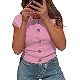 GORGLITTER Women's Short Sleeve Cropped Cardigan Sweater Trendy Dressy Cute Button Up Lightweight Slim Fit Knit Tops