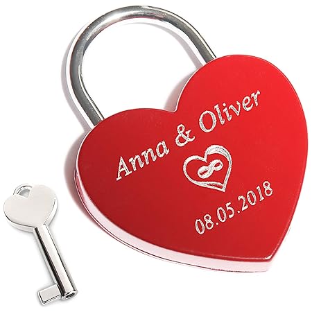 Rotes Herz-Schloss mit Gravur auf der Vorderseite | Liebesschloss mit persönlichen Text gravieren
