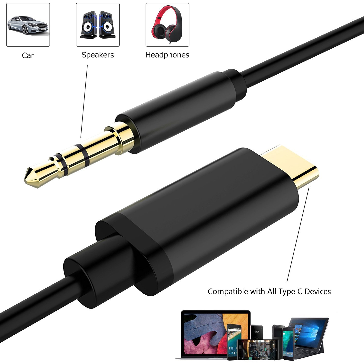 Type C to 3.5mm Audio Aux Jack Adapter, Drift USB C Male to 3.5mm Male Extension Headphone Audio Stereo Cord Car Aux Cable for Google Pixel2/2XL, Moto Z and More Type C Devices (Black)