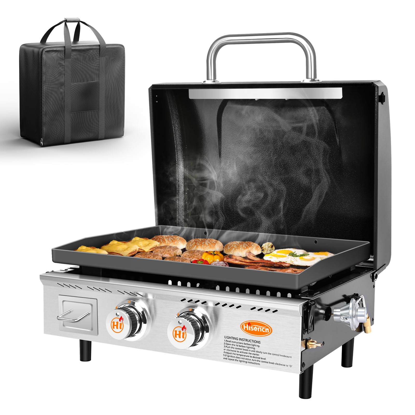 Photo 1 of Hisencn Portable Griddle for Outdoor, Tabletop, Countertop, Kitchen, Tailgating, RV - Nonstick Camping Griddle 369 sq. in. 24000 BTUs Griddle for Gas Grill, 22 Inch with Hood, with Carry Bag