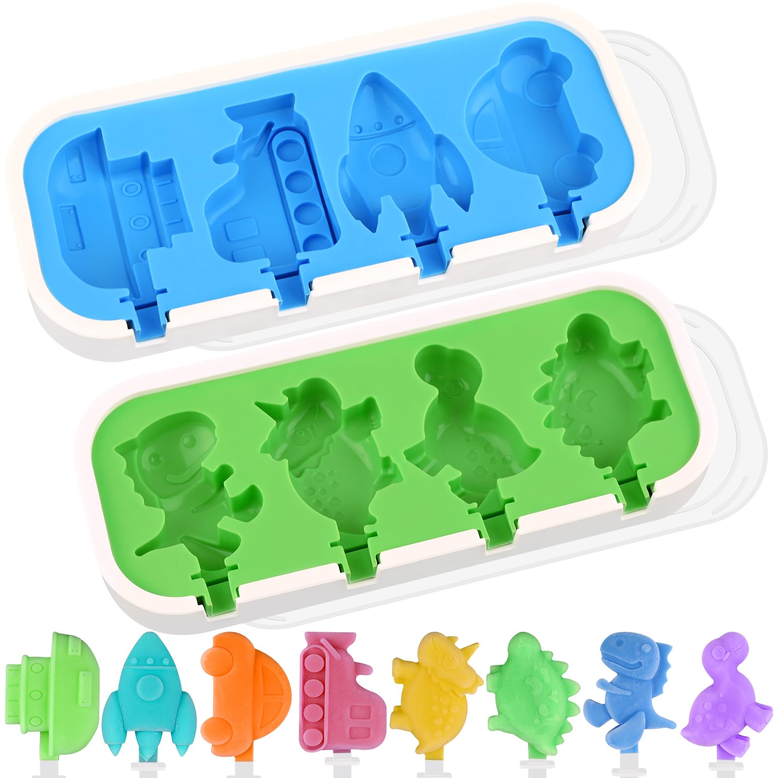 Photo 1 of Sakolla 2 Pack Silicone Popsicle Molds with Sticks & Lid, 4-Cavity Mini Popsicle Molds for Kids - Cars, Ships, Train, Rocket and Dino Shapes (Green & Blue)