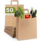 Qutuus Large Paper Bags with Handles Bulk - 50 Pcs 12x7x14 Large Paper Grocery Shopping Bags with Handles, Brown Sacks for Groceries, Recycling, Delivery, Take Out, To Go, Retail