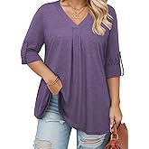 VISLILY Womens-Plus-Size-Dressy-Tops Casual V Neck T Shirts Cute Buttons Roll Up 3/4 Sleeves Tunics Flowy Pleated Blouses