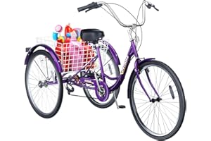 Brightpeak 7 Speed Adult Tricycle, 24 inch 3 Wheel Bike with Large Basket for Women Men Seniors, Cruiser Trike for Shopping, Picnic, Recreation (Purple)