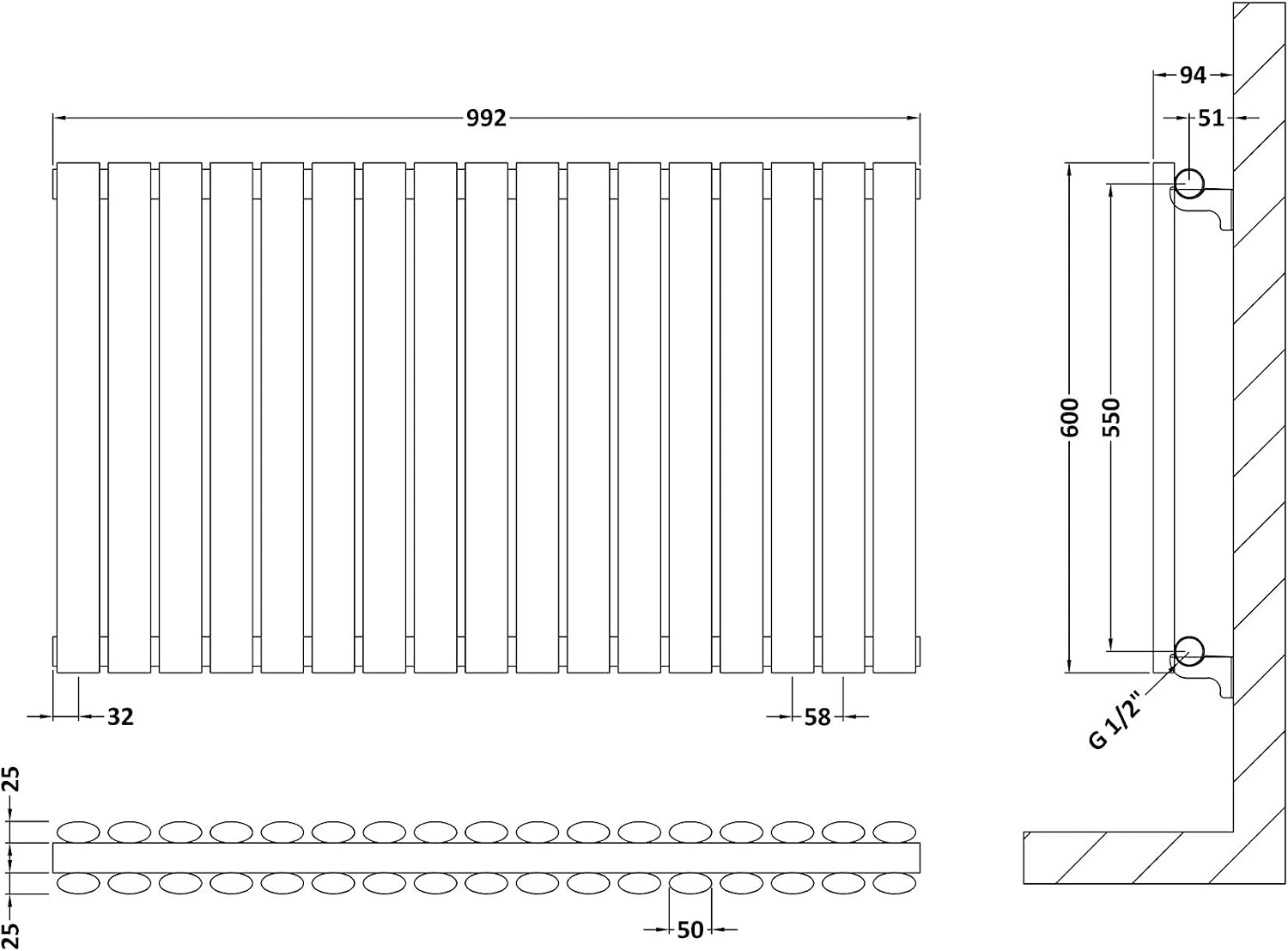 Nuie HLA39D Revive Modern Home Wall Mount Designer Horizontal Double Panel Radiator, 600mm x 992mm x 78mm, Anthracite - Image 3