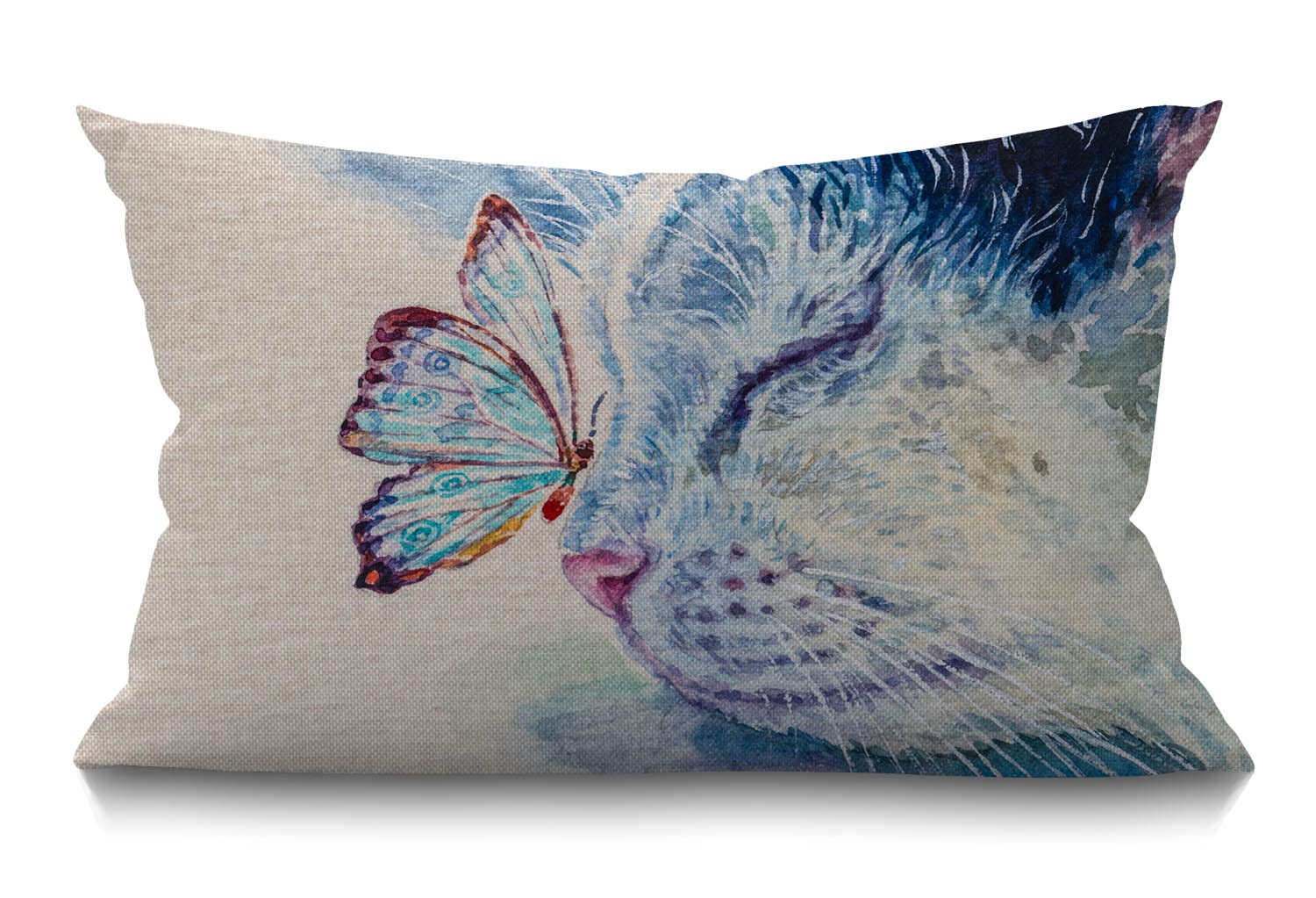 BGBDEIA Cushion Cover Sleepy Cat Watercolor Butterfly Little Cute Animal Funny Lovely Pet Rectangular Throw Pillow Cover for Couch Sofa Home Decor Cotton Linen 12x20 Inch 30 x 50 cm