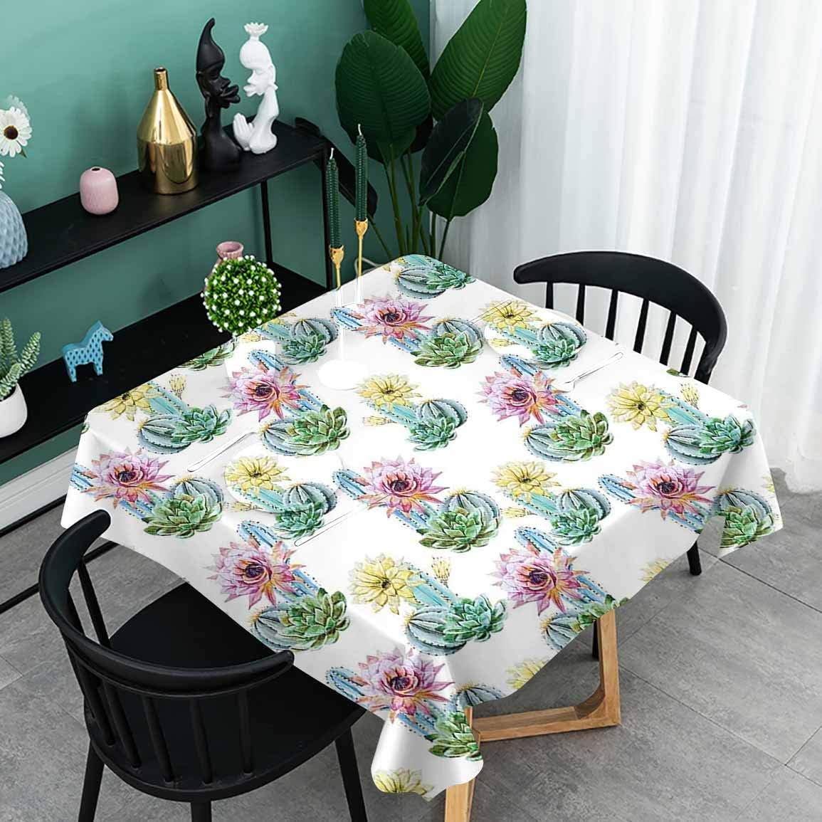oobon Water-Proof Table Cover, Hot Desert South Mexican Vintage Plant Cactus Flowers with Spikes, Kitchen Rectangle Protective Tablecloth, 63x63 inch