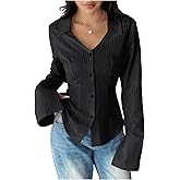 SHENHE Women's Striped Button Down Long Sleeve Pinstripe Shirt V Neck Dressy Office Blouse