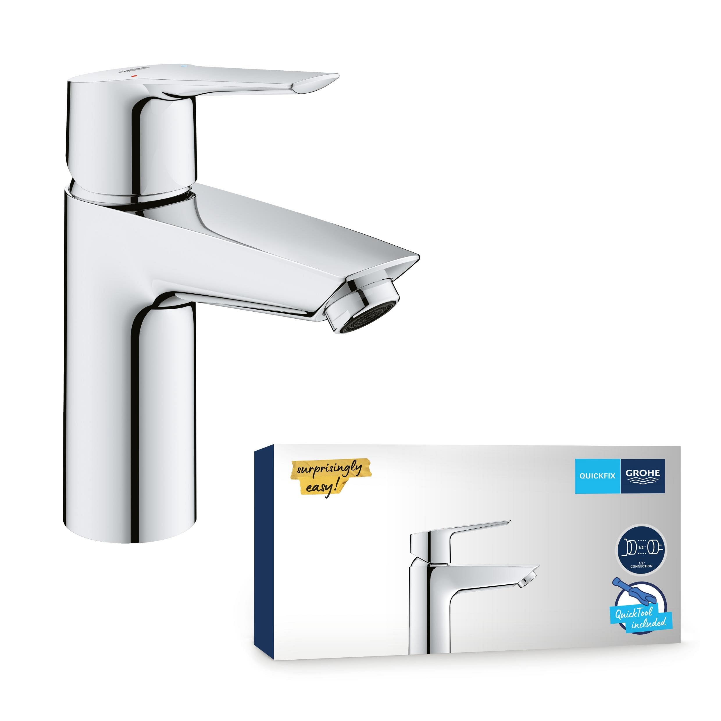GROHE QUICKFIX Start - Wash Basin Mixer Tap (Metal Lever, Smooth Body, 28 mm Ceramic Cartridge, Min. Recommended Pressure 0.4 Bar, Tails 1/2 Inch), Size 165 mm, Quick Tool Included, Chrome, 24166003
