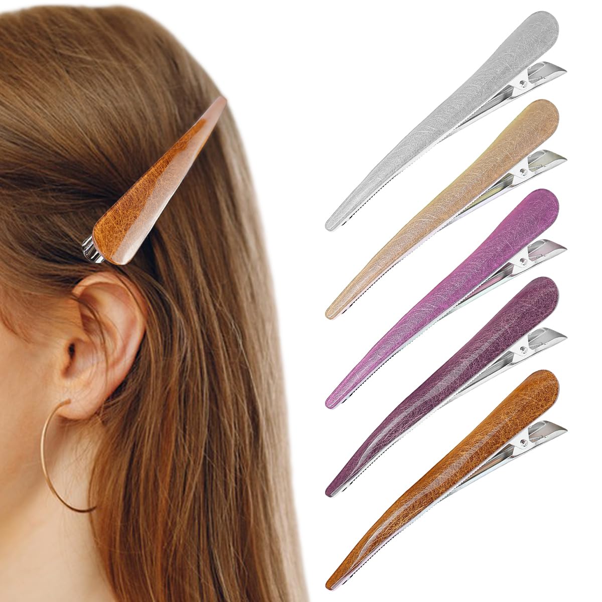 FERCAISH Pack of 5 Non-Slip Duckbill Hair Clips, Large Acrylic Horn Clip, Crocodile Clips, Hair Metal, Colourful Long Alligator Hair Clips for Women and Girls