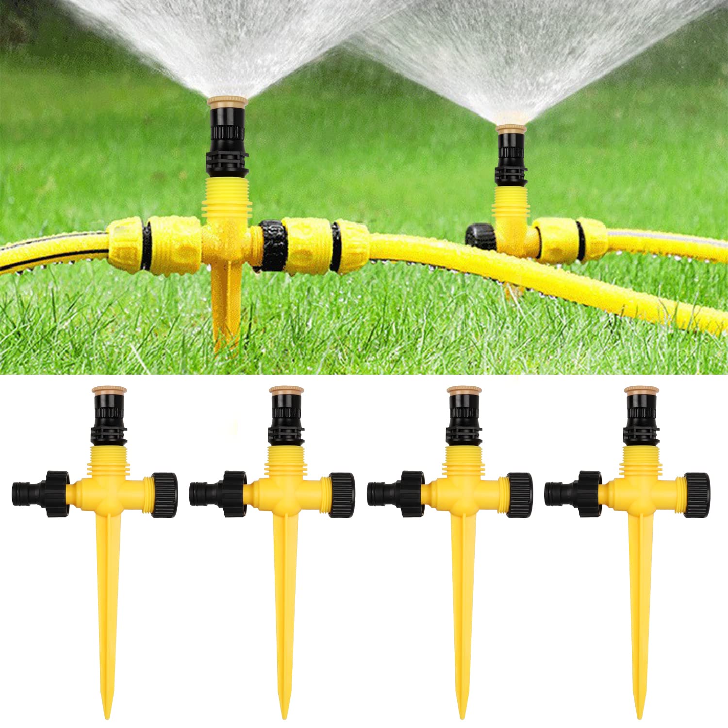 4PCS Garden Sprinkler, Automatic Lawn Sprinkler, 360 Degree Rotating Water Sprinkler Adjustable Watering Equipment Irrigation System for Outdoor Plants Grass Vegetables Flowers (Yellow)
