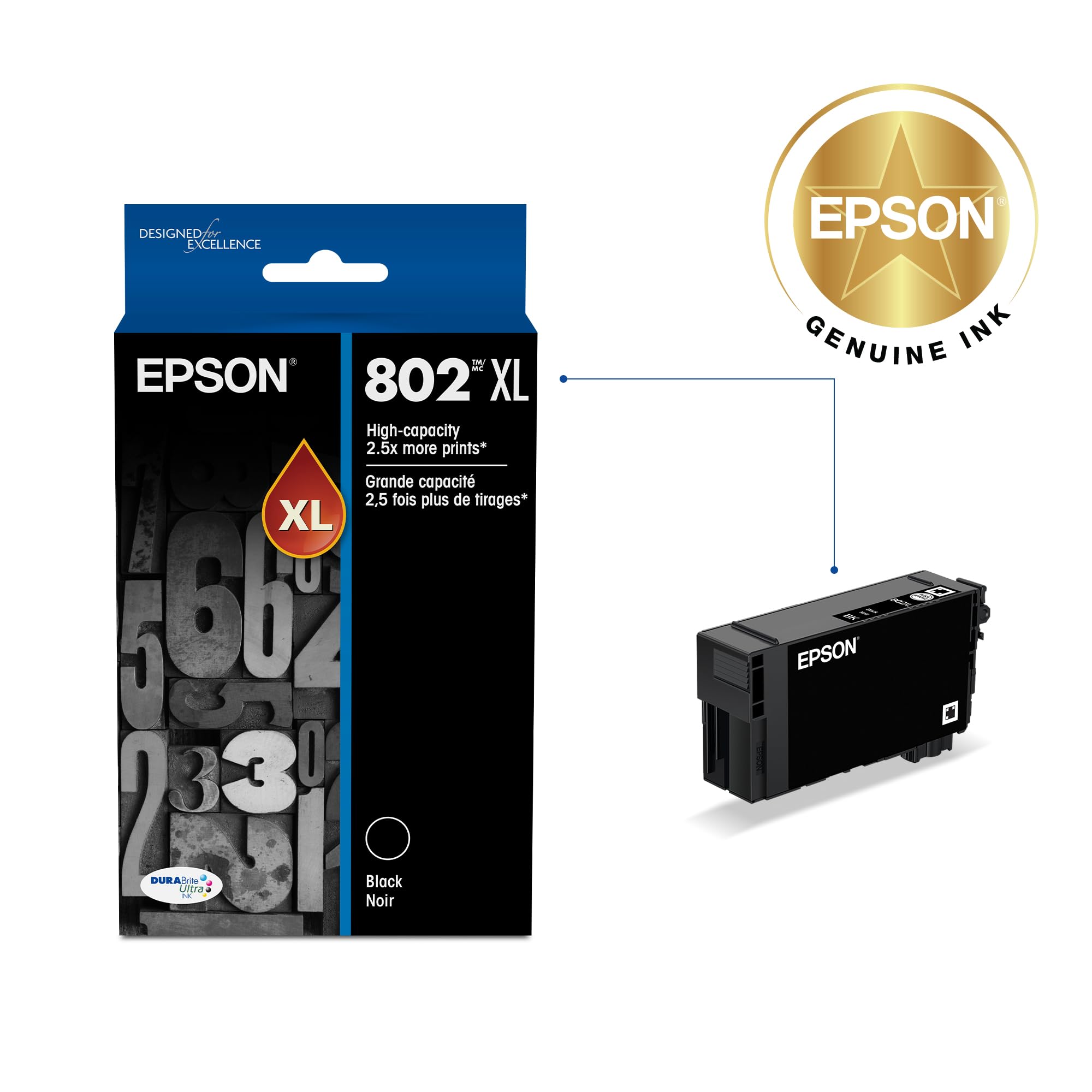 EPSON 802 DURABrite Ultra Ink High Capacity Black Cartridge (T802XL120-S) Works with WorkForce Pro WF-4720, WF-4730, WF-4734, WF-4740