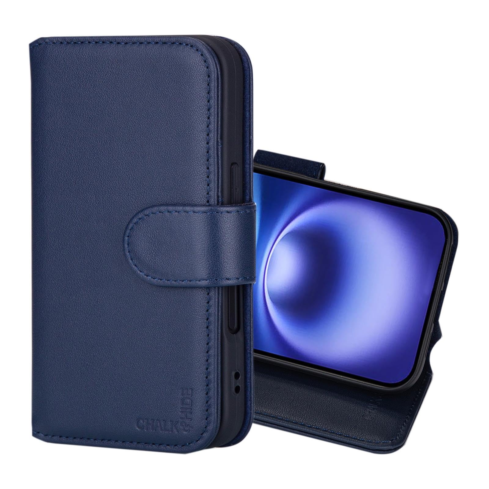 CHALK & HIDE Genuine Leather Wallet Case for iPhone 16 (6.1") | RFID Blocking Card Slots, Magnetic Flip Cover, Kickstand | Premium Book-Style Protective Case - Navy Blue