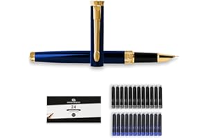 Dryden Designs Fine Nib Fountain Pen - Includes 24 Ink Cartridges - 12 Black and 12 Blue - Blue - Smooth Elegant Writing with Fine Nib and Ink Converters