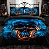 Holiyjog King Blue Flame Skull Duvet Cover Set for Boys with 2 Pillowcases | Soft Microfiber Gothic Skull Bedding for Boys Teens Adults, Dark Horror Bedroom Decor, Lightweight Duvet Cover