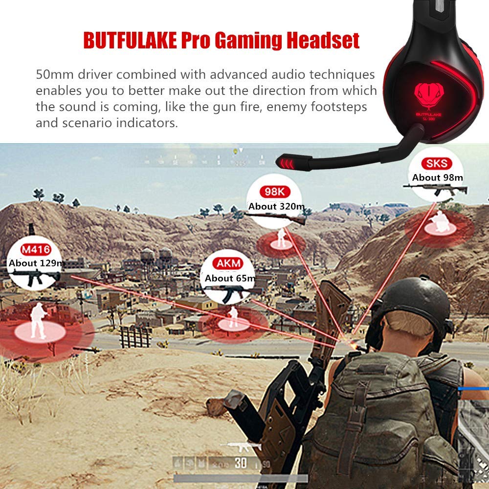 BUTFULAKE Gaming Headset for PS4, Xbox One, Xbox One S, PC, Nintendo Switch, Mac, Laptop, Computer, 3.5mm Wired Over Ear Gaming Headphones with LED Light & Noise Cancelling Microphone, Red