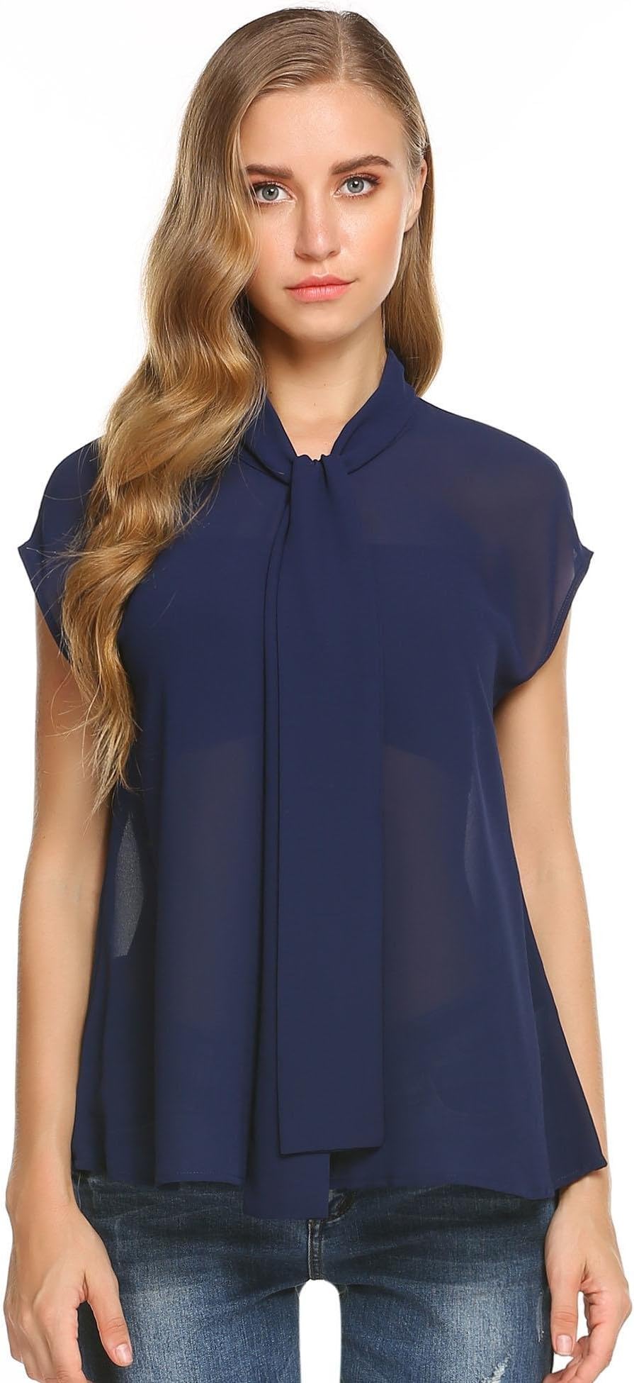 Meaneor Women Casual Tie Neck Short Cap Sleeve Solid Loose Chiffon Blouse Tops