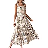 OYOANGLE Women's Floral Sleeveless Ruffle Tiered Dress Bow Back Beach Vacation Maxi Sundress