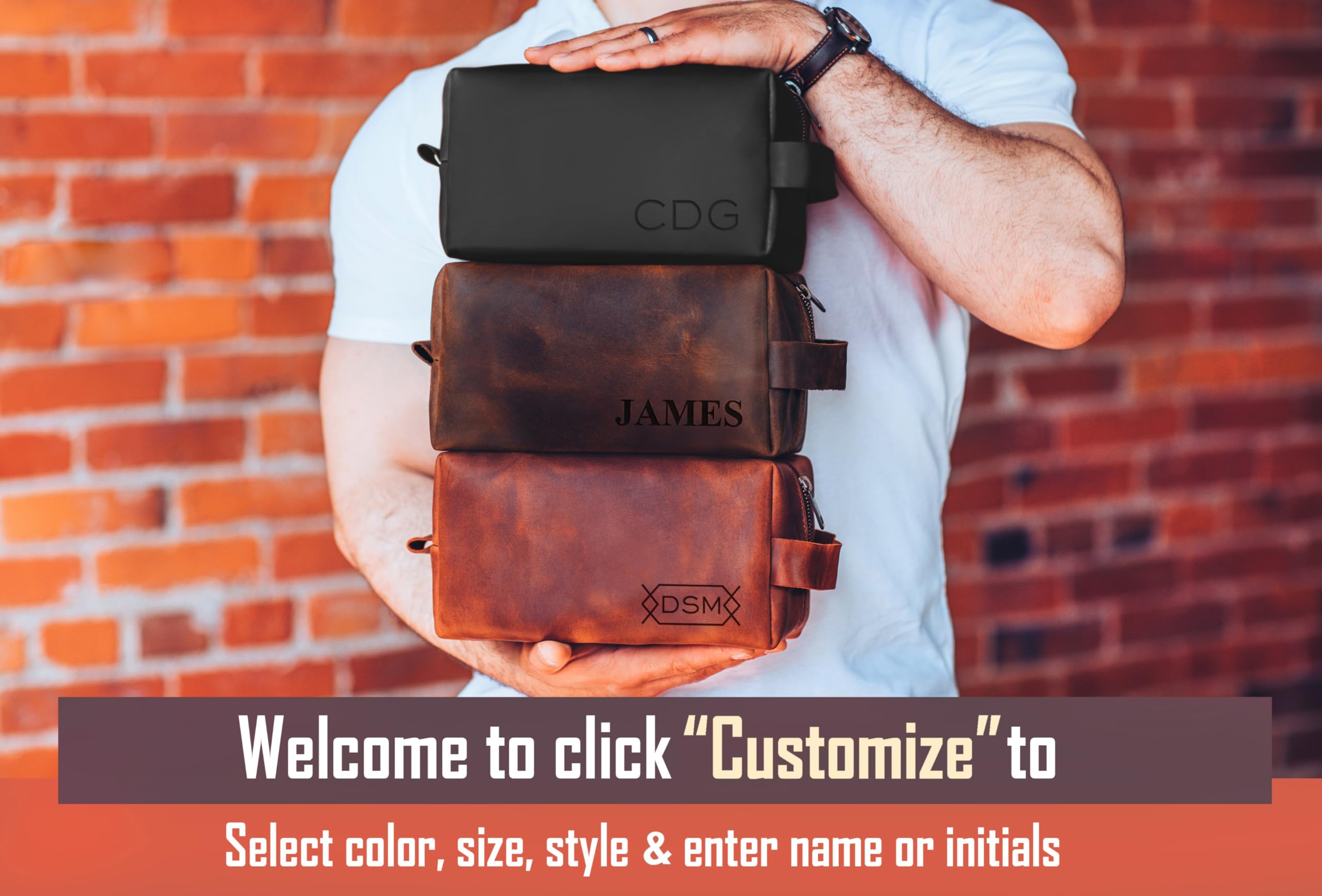 Viva Workshop 100% Genuine Leather Toiletry Bag Engraved Name or Initials – Crafted in USA – Personalized Travel Bag for Men – Customized Birthday, Anniversary, Father & Groomsmen Gift – Mens Waterproof Dopp Kit