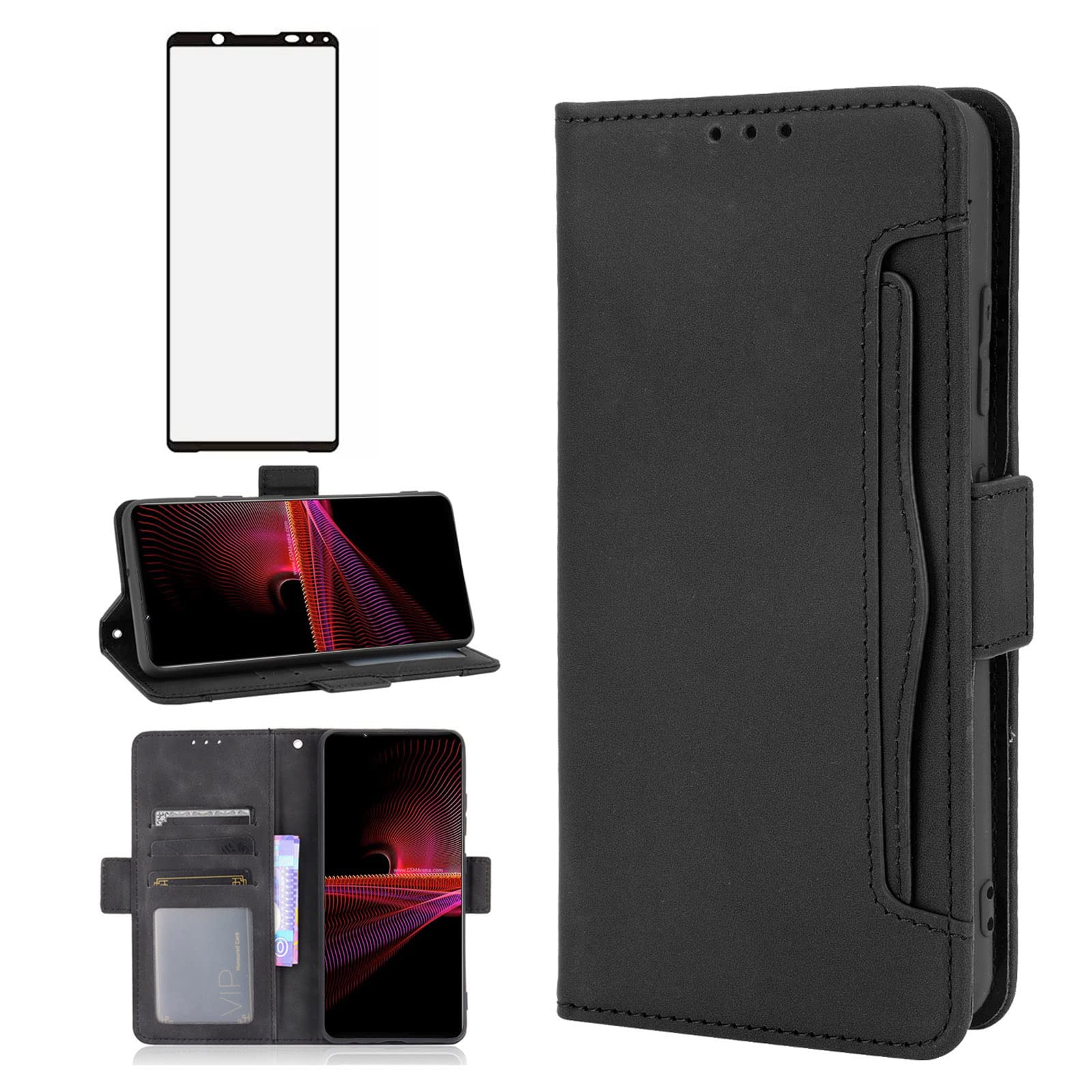 Asuwish Compatible with Xperia 1 iii Wallet Case Tempered Glass Screen Protector and Leather Flip Cover Card Holder Stand Cell Accessories Phone Cases for Xperia1iii 1iii Women Men Black
