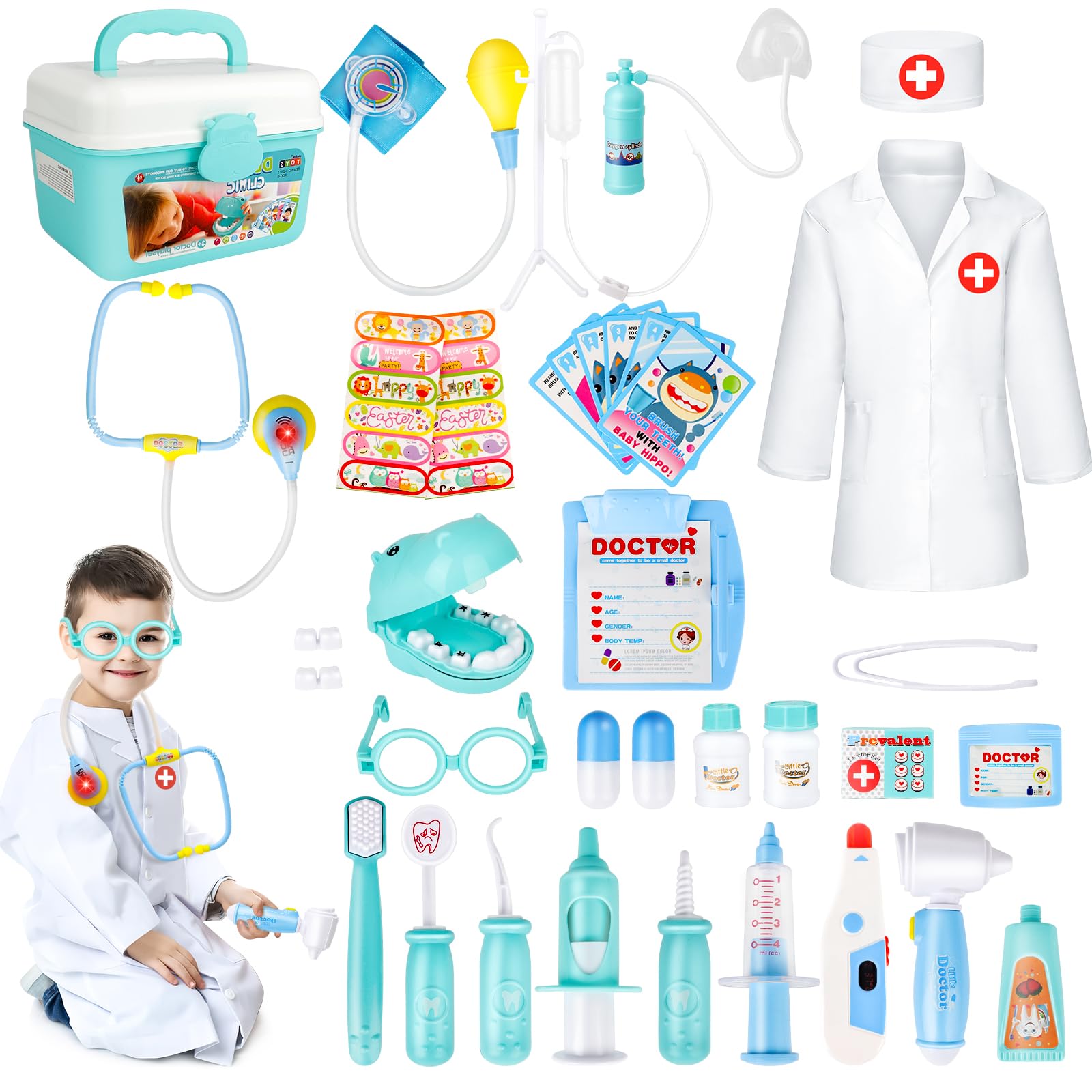 Dentist Toys for Kids, 34-Piece Dentist Toys, Role Play Toys for 3+ Year Old with Carry Case, Stethoscope for Kids, Dentist Tools, (include Doctor Costume)-BLUE