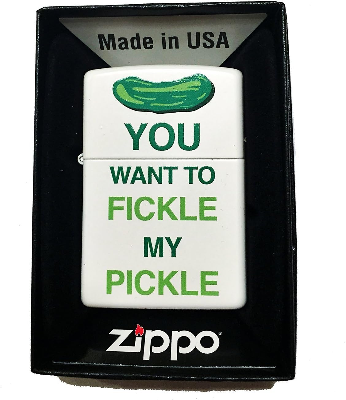 Zippo Custom Lighter - You Want to Fickle My Pickle Funny Saying - Regular White Matte
