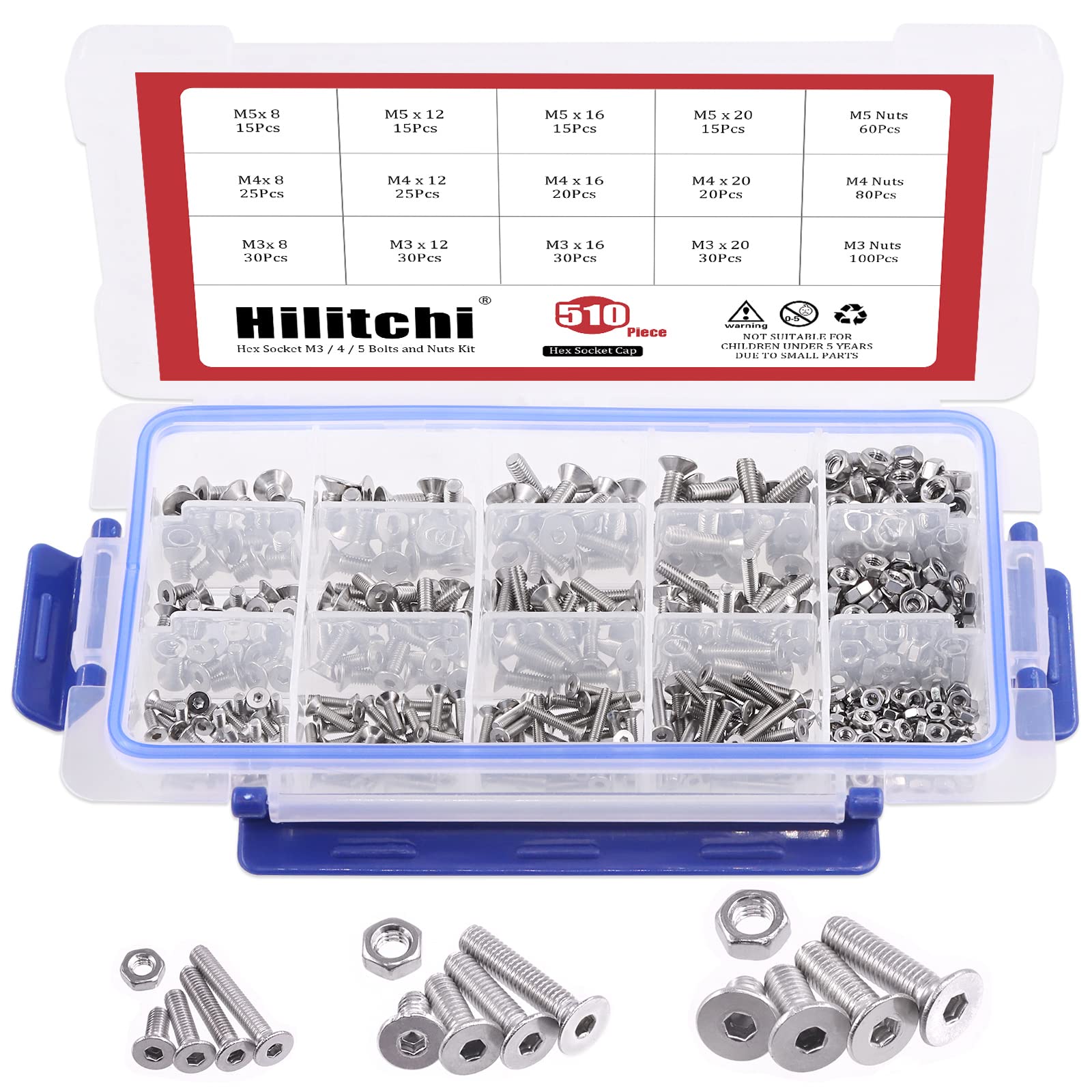 Hilitchi 510pcs M3 M4 M5 Stainless Steel Flat Head Hex Socket Head Cap Bolts Screws Nuts Assortment Kit - 304 Stainless Steel