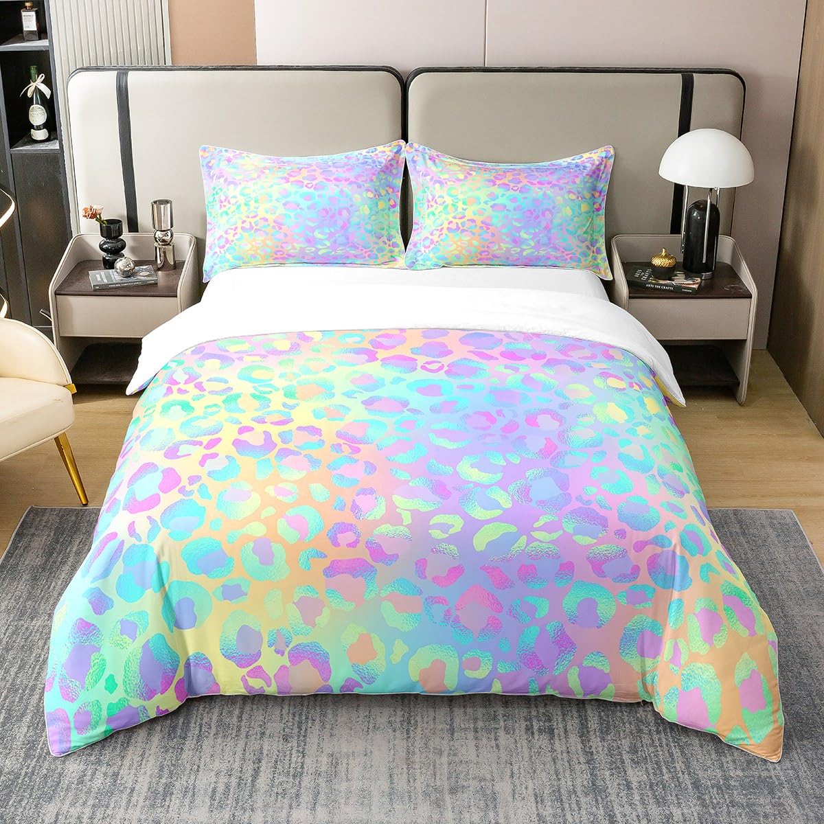 Leopard 100% Cotton Duvet Cover Cheetah Print Rainbow Bedding 100% Cotton Set Modern Leopard Design Colorful for Kids Room Decor Lightweight Quilt Cover with 1 Pillowcases 2Pcs Bedding Single Zipper — image 1