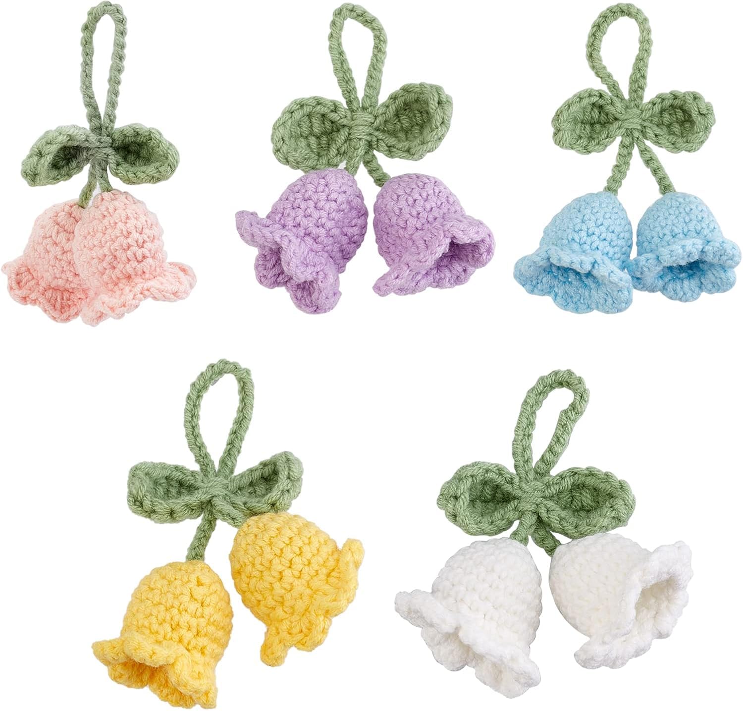 FINGERINSPIRE 5 pcs Crochet Bluebell Flower Pendant 5 color Hand-Knitted Spanish Bluebells Pendant Crochet Bluebell Artificial Flowers Key Pendant Cotton Knitting Hanging Ornament Accessories