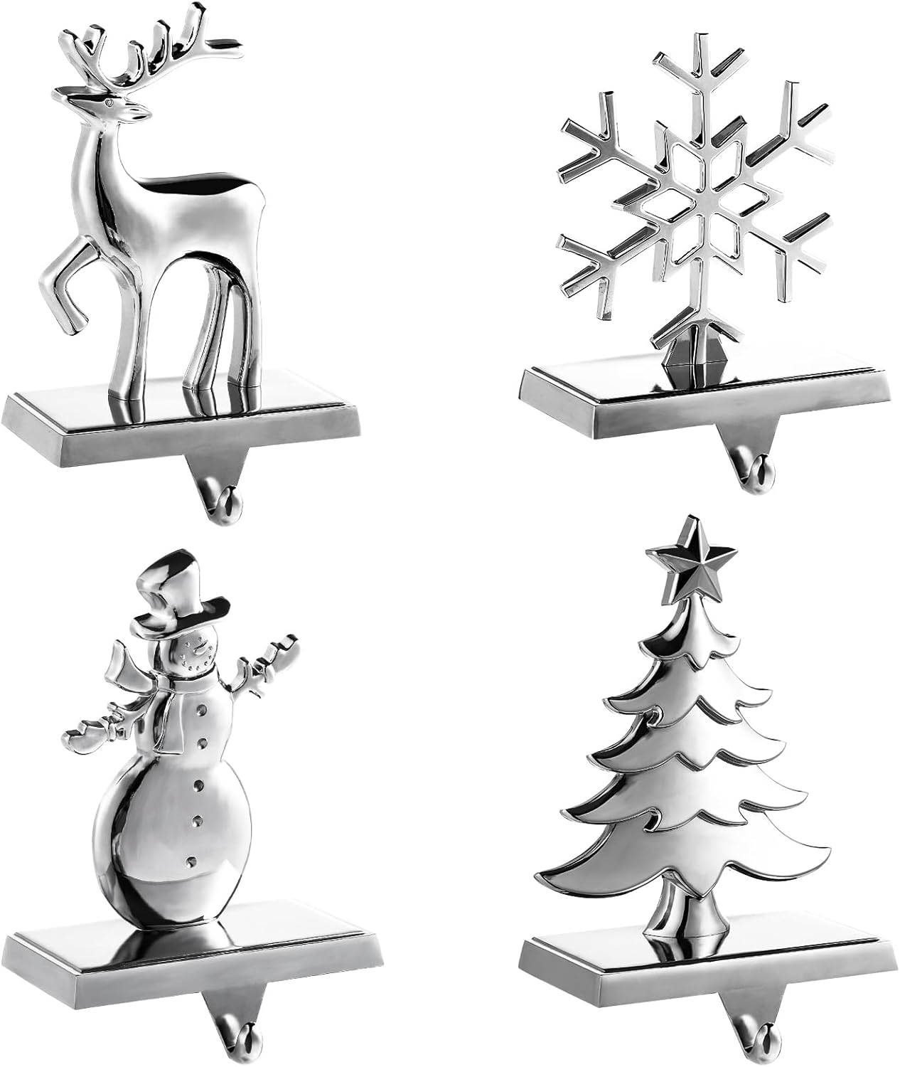 Stockings & Holders - Christmas Stocking Holder for Mantel, Set of 4 Silver Snowflake, Reindeer, Tree and Snowman Stocking Holders, Metal Christmas Stocking Hangers for Fireplace Mantel Holiday Christmas Decorations