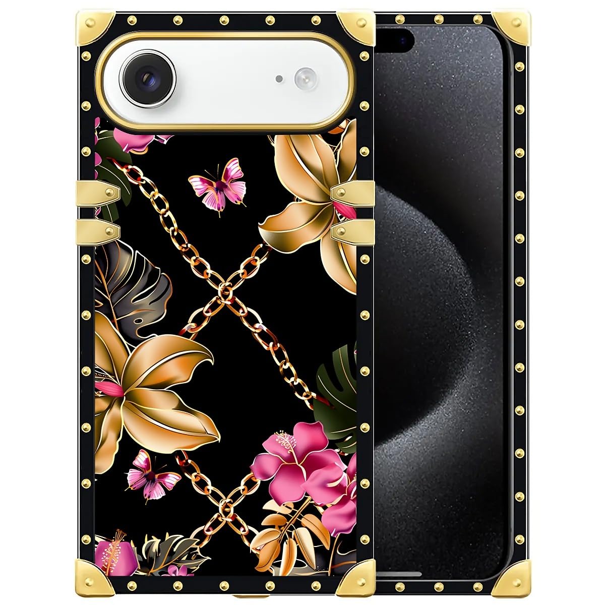WANKBLC for iPhone 17 Air Case Luxury Golden Decoration for Girl Women Soft TPU Shockproof Protective Hard PC Back for iPhone 17 Air Crazy Pattern Pink Golden Chain Tropical Flower