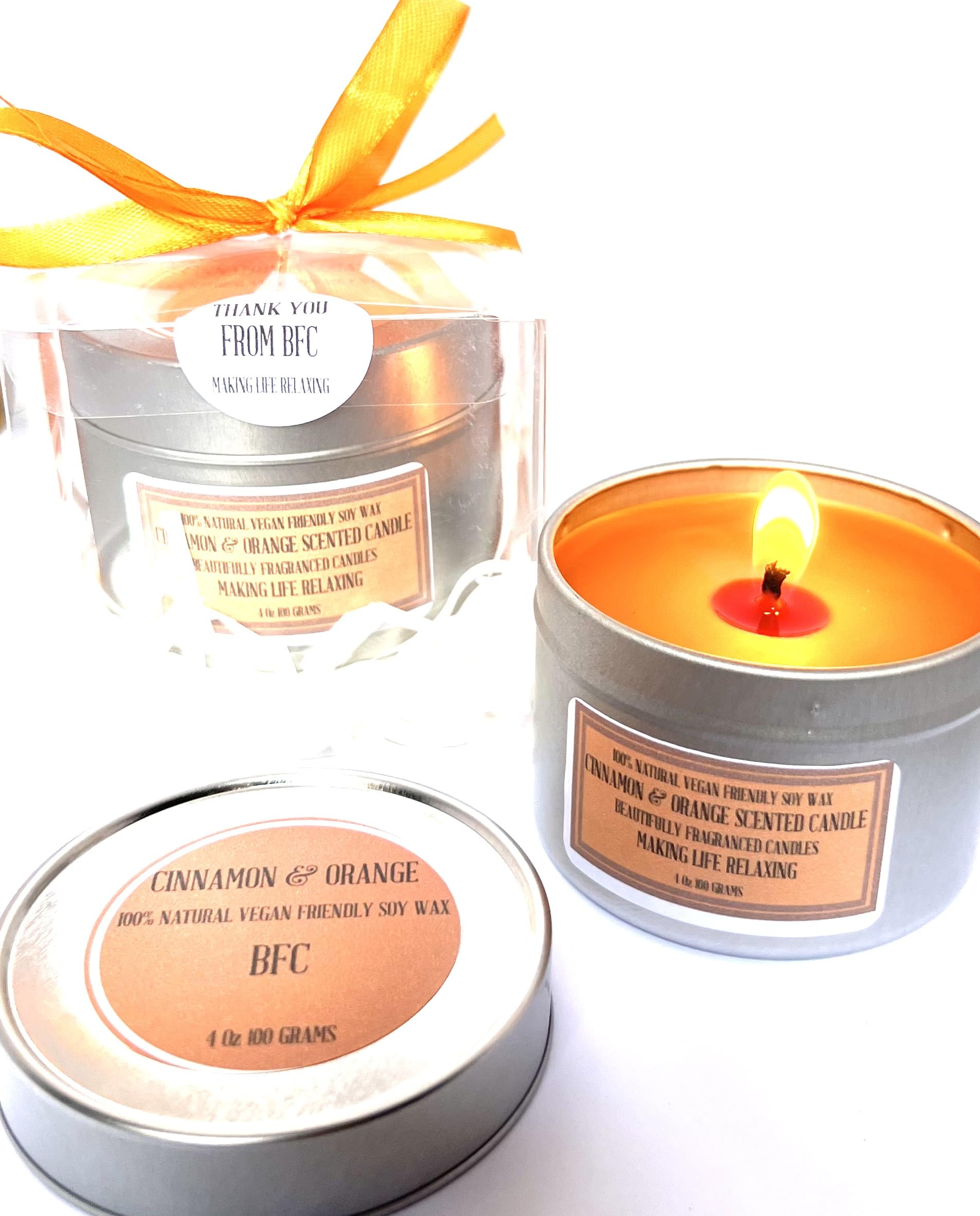 Cinnamon & Orange Scented Soy Wax Candle - Cinnamon & Orange Scented 28 Hours Burn Time 4 Oz 100 Grams Soy Wax Candle Silver Brush Finish Tin. Shipping on 48 Hour Tracked Service