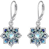 VONALA Lotus Earrings for Women 925 Sterling Silver Abalone Shell Flower Earrings Drop Dangle Leverback Lotus Jewelry Gifts for Her