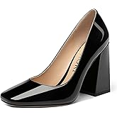 MERRORI Women's Patent Block Square Toe Solid Slip On Chunky High Heel Pumps Shoes 4 Inch
