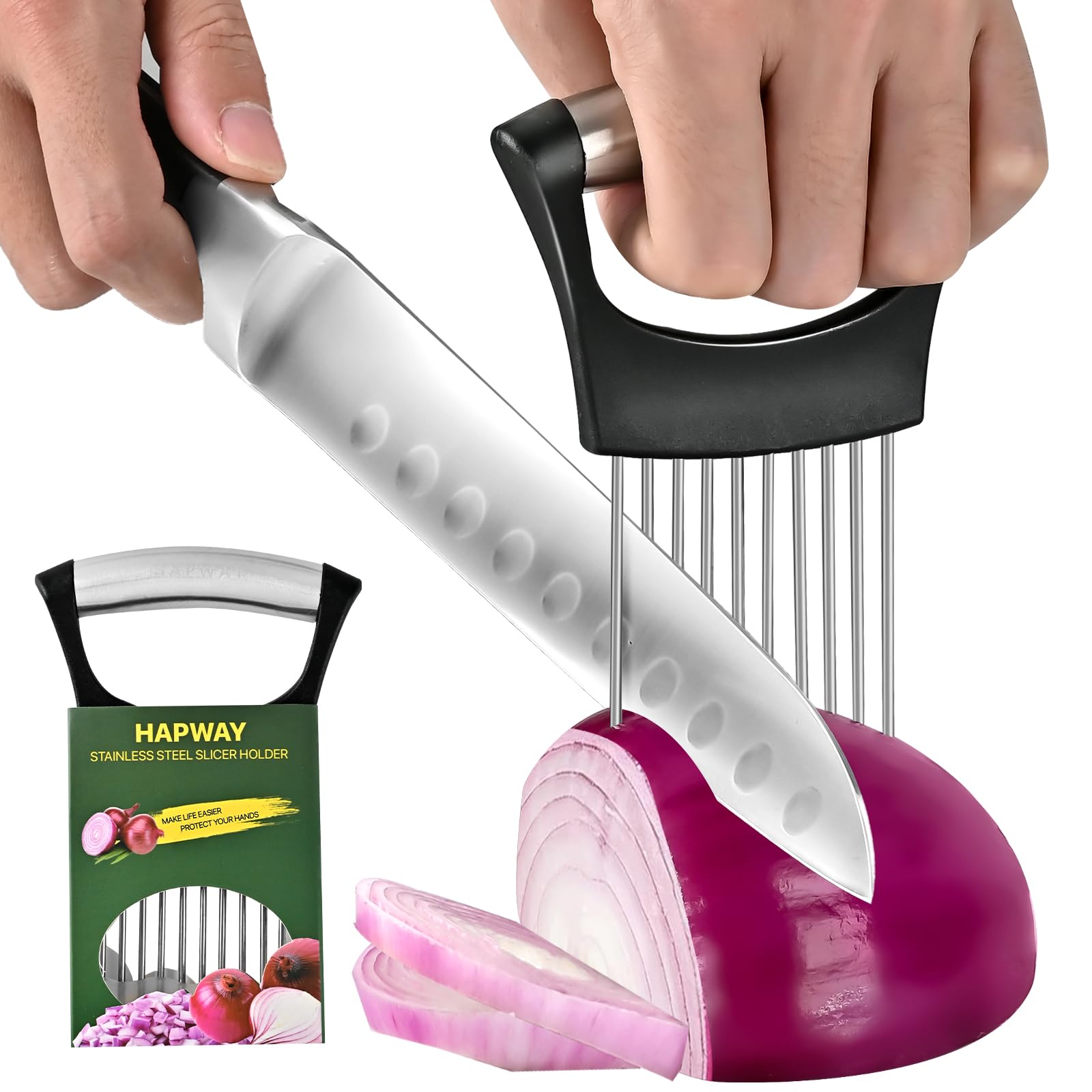 Photo 1 of ?2 PCS?Onion Slicer, Onion Holder for Slicing - Stainless Steel Vegetable & Fruit Cutter for Onions, Tomatoes, Potato, Avocado, Lemon, Eggs, Meat | Kitchen Chopper Gadget with Neat Guide & Tenderizer