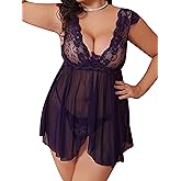 Donnalla Plus Size Lingerie for Women Sexy Lace Babydoll Chemise V-Neck Mesh Sleepwear Boudoir Nighty for Curvy Women