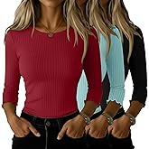 Huukeay 3 Pack Women’s 3/4 Sleeve Tops, Ribbed Knit Cotton Slim Fitted Crew Neck Shirts Stretchy Casual Basic Tight Top