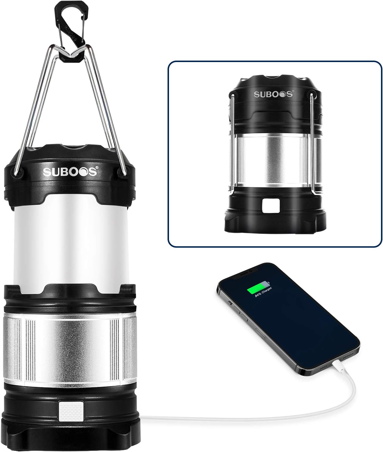 SUBOOS LED Camping Lantern Rechargeable, Brightest Lantern, Dimmable, 100h Runtime, 5200mAh Power Bank. Great Weatherproof Hurricane Light for Storms, Outages. (All Batteries Inc.)