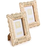 Two's Company 2-Piece 7x9 and 8x10 Rattan Photo Frame Set, Hand Woven Wicker Weave Natural Wood Rustic Boho Decor Frames