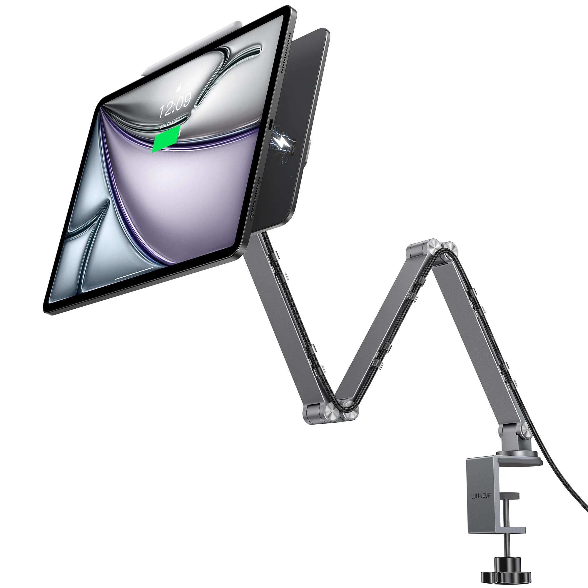 Photo 1 of [Upgrade] Magnetic Wireless Charging Stand for iPad Pro 12.9" Gen3-6 / Air 13" M3/M2, Rock Steady iPad Stand for Desk with Foldable Aluminum Alloy Arm, Adjustable Tablet Mount with 2M Braided Cable