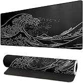 Brecoy Japanese Sea Wave Large Mouse Pad, Anime Black Gaming, Extended Kanagawa Mat Desk Pad, 3mm Thick Long Non-Slip Rubber Base Mice Pad, 31.5 X 11.8 Inch