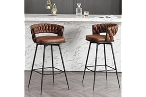 BFZ Modern Bar Stools Set of 2, 30" Bar Height Barstools, 180° Swivel Suede Fabric Stool Chairs with Woven Back and Footrest for Kitchen Island, Cafe, Pub, Bar Counter