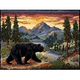 DIY Latch Hook Rug Kit Black Bear and Mountains 52x38cm | Crochet Yarn Hook and Latch Tapestry Mat with Pattern Easy for Beginners Handmade Craft Set for Home Decor Christmas Gift