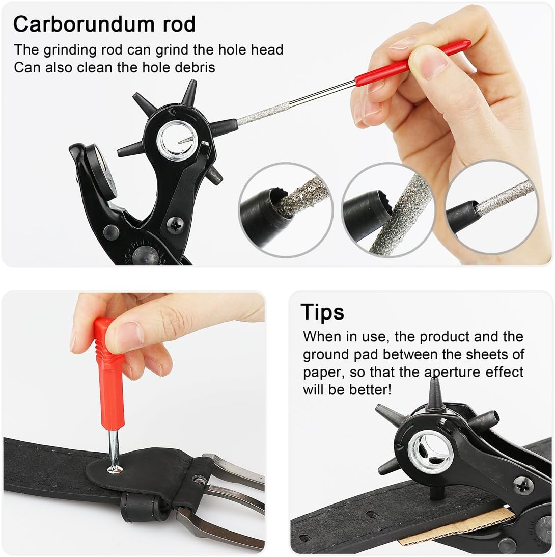 Revolving Punch Plier Kit, XOOL Leather Hole Punch Set for Belts, Watch Bands, Straps, Dog Collars, Saddles, Shoes, Fabric, DIY Home or Craft Projects, Heavy Duty Rotary Puncher, Multi Hole Sizes Make - - 