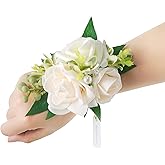 MOEFAL 2pcs Wrist Corsage for Prom & Wedding - Large 5.9" White & Ivory Artificial Foam Rose Wristlet with Cotton Band - Rustic Hand Flower for Bridesmaid, Mother, Grandmother, Homecoming