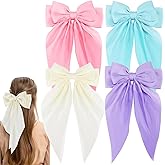 Zkptops 4Pcs HairBows for Women Girls Toddlers Silky Satin Large Bow Hair Clips Oversized Bows Ribbon Hairpin Long Tail Cute Beige Blue Pink Purple Colorful Metal Bow Hair Barrettes Hair Accessories