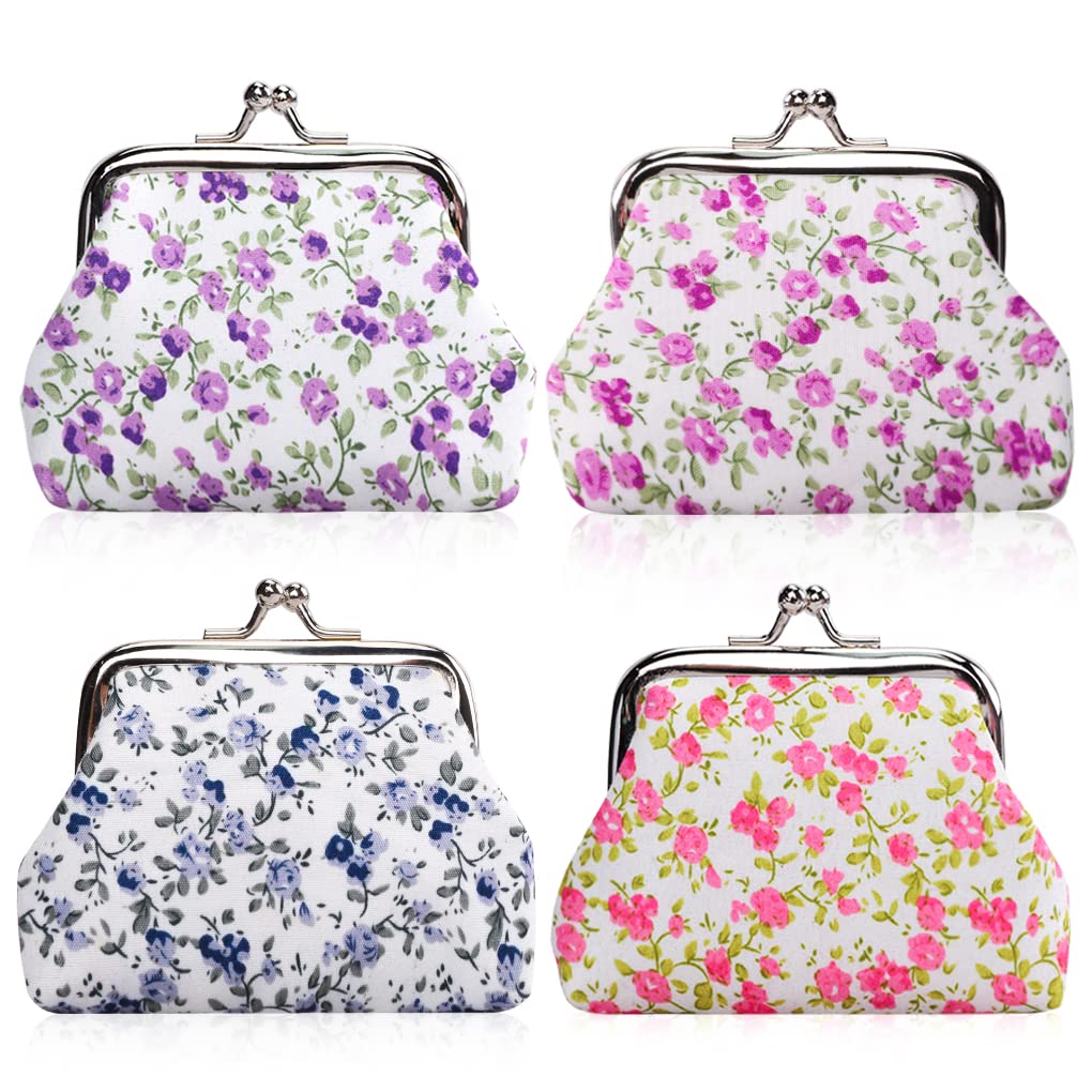 Oyachic 4 Packs Mini Coin Purse Kiss Lock, Floral Change Wallet for Women, Ladies Coin Pouches with Metal Buckle, Canvas Purses White